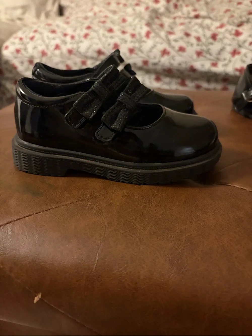 Patent Black Mary Jane Dress Shoes for Kids with Glitter Bows